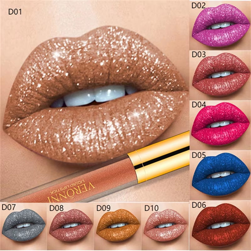 VERONNI Diamond Shine Lip Gloss – 10 Irresistible Shimmer Shades with Waterproof, Long-Lasting Metallic Velvet Finish